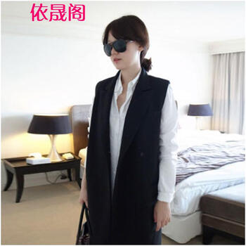 依晟阁2015秋冬新款女装韩版呢料中长款宽松西服领大码马甲女装潮 黑色 XXL