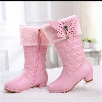 冬季新款韩版女童加绒公主长靴高跟棉靴小女孩学生平底高筒靴 蝴蝶粉