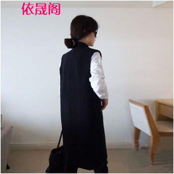 依晟阁2015秋冬新款女装韩版呢料中长款宽松西服领大码马甲女装潮 黑色 XXL