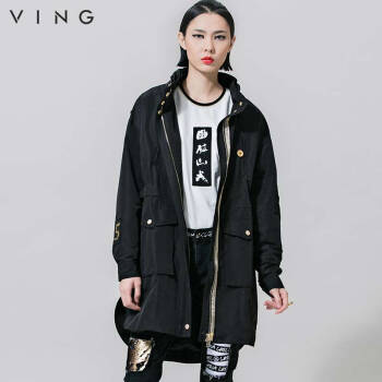 
                                        VING春秋宽松中长款休闲风衣装收腰立领长袖外套女 黑色 M                