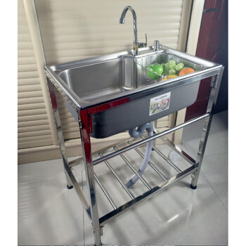可移动简易厨房洗菜盆水池不锈钢水槽单槽单盆洗手盆水斗带支架 201钢