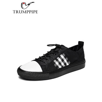 名人烟斗trumppipe 头层牛皮 莱卡布休闲板鞋 黑色 255