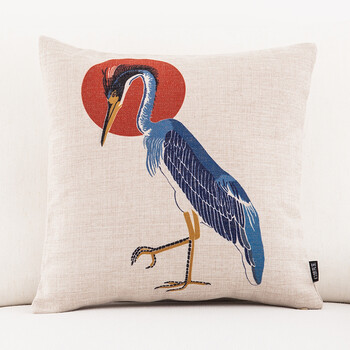 布艺折扇浮世绘富士山民族复古和风棉麻沙发靠垫抱枕靠枕 站立的鹤 腰