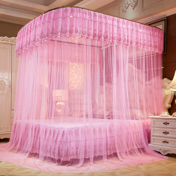 8m床双人家用1.5米伸缩落地公主风三开门 粉色蚊帐 加床裙 1.