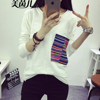 美茵儿2016秋装新款长袖t恤女大码宽松显瘦打底衫体恤上衣896# 白色 M