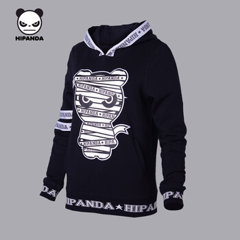 HIPANDA 你好熊猫 设计潮牌 女款 织带熊猫连帽 学生卫衣 女 套头 黑色 160/M