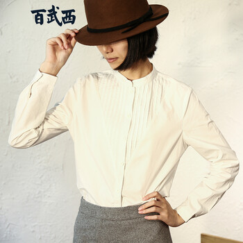 119/百武西 2015秋百褶文艺立领全棉长袖白衬衫女T4417 白色   M