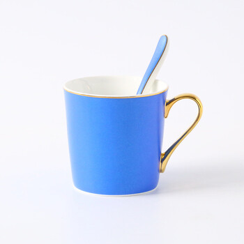 骨瓷马克杯描金边咖啡杯早餐杯水杯陶瓷情侣杯子 珠光马克杯(天蓝色)