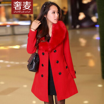 奢麦2015秋冬装新款毛呢外套女中长款修身韩版毛领毛呢子大衣BJ3018 红色 XXL