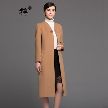 
                                        粹牌 双面羊绒大衣女中长款2017新款毛呢大衣外套修身欧美羊毛大衣 驼色 L                
