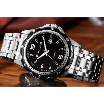 卡罗西 手表 男钢带学生时尚石英表腕 男士日历腕表 动动钢带黑盘1