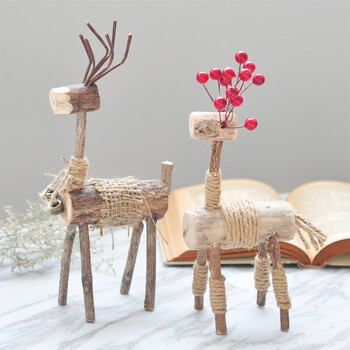 创意礼物装饰北欧风原木质文艺手工情侣小麋鹿桌面装饰工艺品动物摆件