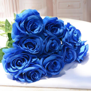 家居卷边装饰干花假花绢花桌面茶几卧室假树摆件 蓝色卷心玫瑰10支装