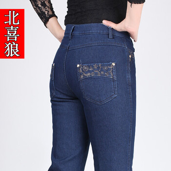 冬季中老年加绒加厚女裤高腰女士直筒弹力妈妈裤牛仔裤加肥加大码 057中蓝 33码二尺六腰围