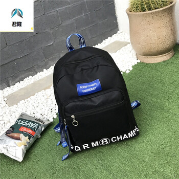 日系软妹字母肩带双肩包男女牛津布书包女韩版原宿学生双肩背包 黑色