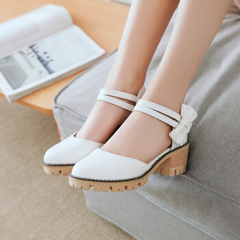 夏天凉鞋中跟粗跟甜美蝴蝶结少女高中初中学生鞋高跟包头女单鞋 白色