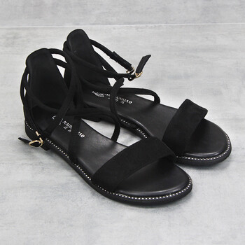 女港味仙女凉鞋女韩版中跟一字扣粗跟2018新品夏季绑带鞋 枪黑色 平底