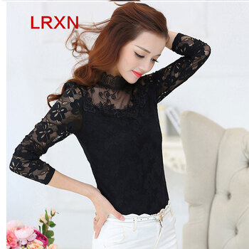 LRXN2015秋冬新款女装冬上新雪纺衫上衣女立领蕾丝衫打底衫 3731 黑 L