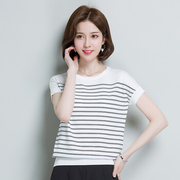 宽松短袖条纹针织t恤女装2018新款夏季薄打底衫上衣 白色 m