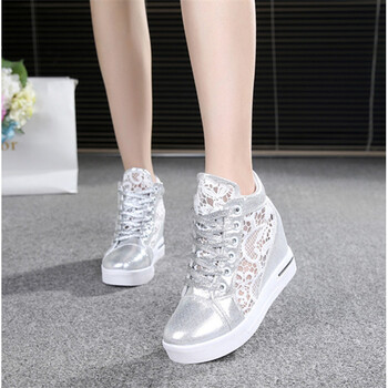 春夏镂空厚底网纱内增高女鞋运动网鞋休闲鞋高跟白色高帮单鞋 银色 38