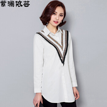 紫澜依芸2016春夏季新款翻领民族风中长款衬衫女Z-C-CS603 白色   L