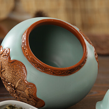 
                                        东茶西壶 茶叶罐陶瓷茶罐 功夫茶具配件中号密封罐普洱茶罐汝瓷 浮雕汝窑茶叶罐茶叶罐密封 汝窑浮雕茶叶罐-荷香无礼盒包装                