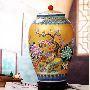 
                                        陶之念 景德镇陶瓷 米缸 米桶储物罐 酒坛缸水缸腌菜坛50斤 金色花鸟                