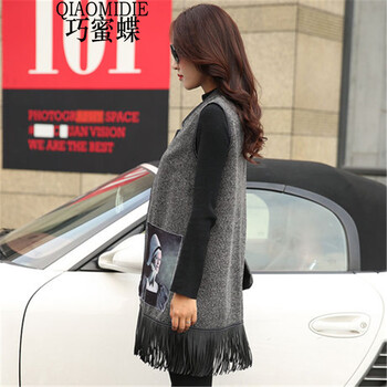 巧蜜蝶2015印花女马夹时尚百搭 中长款直筒流苏马甲外套 图片色 L