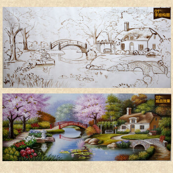 
                                        恒美油画 欧式手绘油画 托马斯田园风景客厅餐厅玄关过道装饰画 酒店别墅背景墙有框画壁画 豪华框4A 160x80                