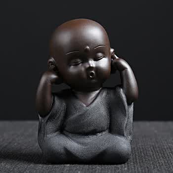 小和尚茶宠摆件 陶瓷人物四不小和尚 可养禅意小沙弥 黑沙金(不听)