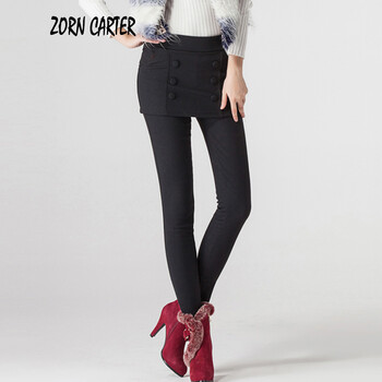 Zorn Carter2015秋冬季新款女装加绒加厚假两件百搭打底裤裙裤#10066 黑色 L