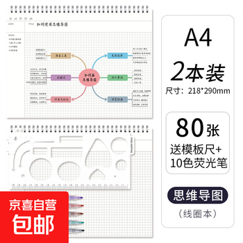 思维导图线圈本活页本子简约ins风加厚横向康奈尔记事本大学生考研专用本A4格子横式网格本6孔可拆卸笔 2本/A4思维导图/赠模板尺+荧光笔