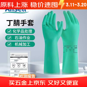 安思尔（Ansell）安思尔丁腈防化手套 37-176耐酸碱耐磨耐油污有机溶剂腐蚀工业防化实验室男女防护手套加长 9/L码2双装