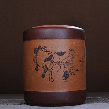 
                                        茗露 宜兴紫砂茶叶罐 茶具 大号手工醒茶罐 普洱罐茶缸11饼罐 茶仓 茶盒 茶叶桶 牧放图 童趣 黄罐                