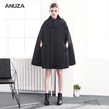 
                                        ANUZA秋冬新款欧美大码宽松不规则口袋大气连帽加绒厚百搭休闲斗篷大衣女装披风披肩外套黑色 黑色 M(宽松均码)                