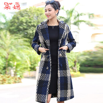 朵媤 2016新款毛呢中长款加棉加厚大衣外套女 蓝 色 M