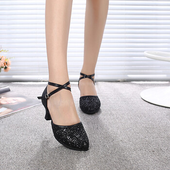 拉丁舞鞋软底圆头中跟广场舞鞋交谊舞跳舞鞋 5.5cm黑色室内毛底 40