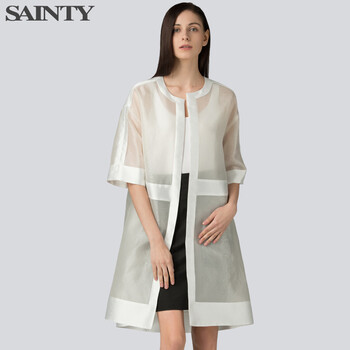舜天SAINTY2016春新款真丝欧根纱廓型风衣女中长款 欧美风薄外套上衣 白色 M/165-清凉桑蚕丝 秋季正好