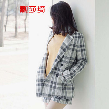 靓莎绮2015秋冬韩版个性长袖宽松直筒格子西服套装+外套两件套Y3614 深灰色 L