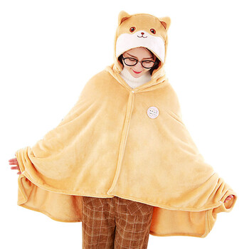 卡通可爱披肩毯子珊瑚绒夏季小毛毯办公室空调毯学生披风午睡斗篷带帽