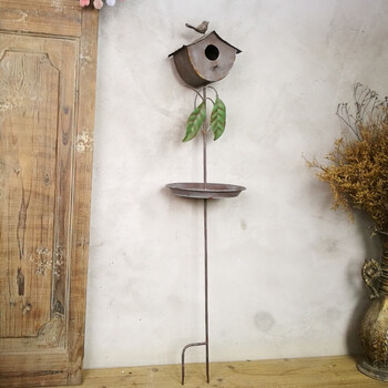 美式田园铁艺做旧鸟屋园艺摆件 花园庭院落地装饰品 a款带盘