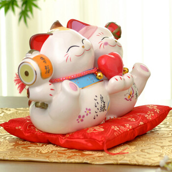 
                                        金石工坊创意礼品七夕情人节/结婚礼物实用 陶瓷招财猫存钱罐摆件对猫良缘来吧情侣猫 中                