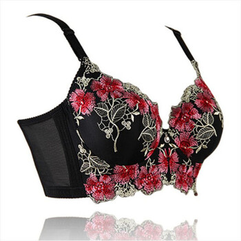 刺绣花朵文胸 c杯小胸mm厚聚拢薄模杯调整型收副乳 夏季薄款内衣 黑色