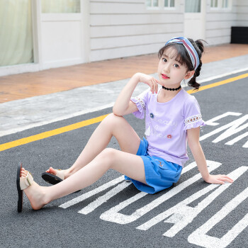 夏装女童宝宝棉麻两件套小女孩短袖套装韩版十岁儿童夏款潮 紫色绣花