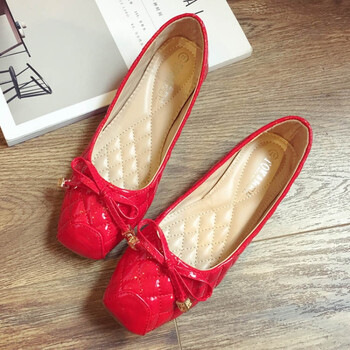 方头单鞋女平跟2018春秋新品韩版蝴蝶结漆皮瓢鞋浅口女鞋潮 红色 36