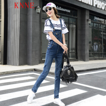 
                                        KNNE背带裤女韩版显瘦2017新款简约修身蓝色牛仔裤女百搭小脚裤铅笔裤 蓝色 S码                