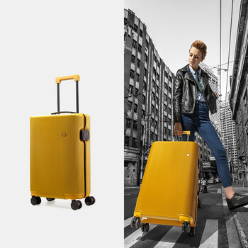 pistachio拉杆箱登机箱适度轻芥黄条纹磨砂pc万向轮旅行箱 芥黄/条纹