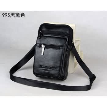 全真皮男士多袋手机包7寸斜挎腰包纯头层牛皮随身小跨包 黑色