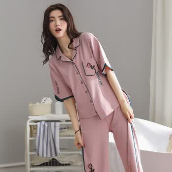 柠美新品夏季纯棉短袖睡衣女夏全棉薄款女式大码舒适时尚可外穿休闲