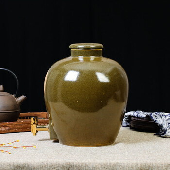 景苑 景德镇陶瓷茶叶末酒坛密封酒缸白酒缸葡萄酒缸10斤20斤30斤50斤 10斤低口带金属龙头